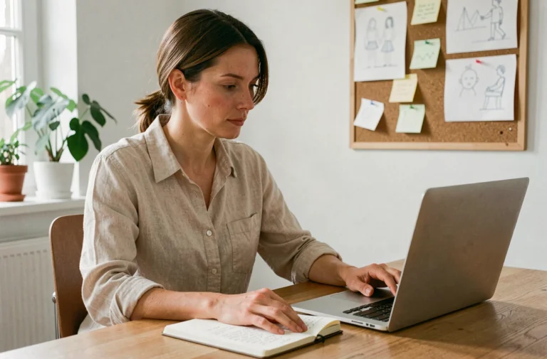 Freelance femme travaillant depuis son bureau à domicile avec un ordinateur portable et un carnet de notes
