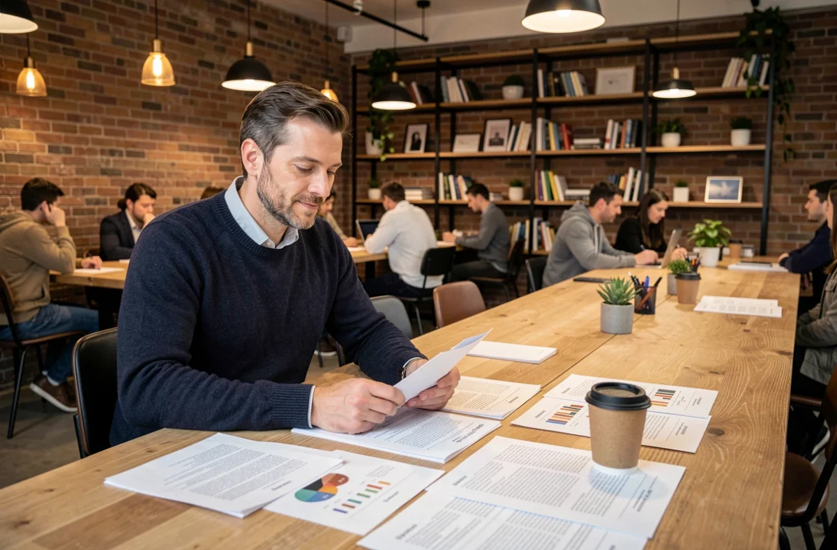 Freelance homme travaillant dans un espace de coworking avec des documents et un café
