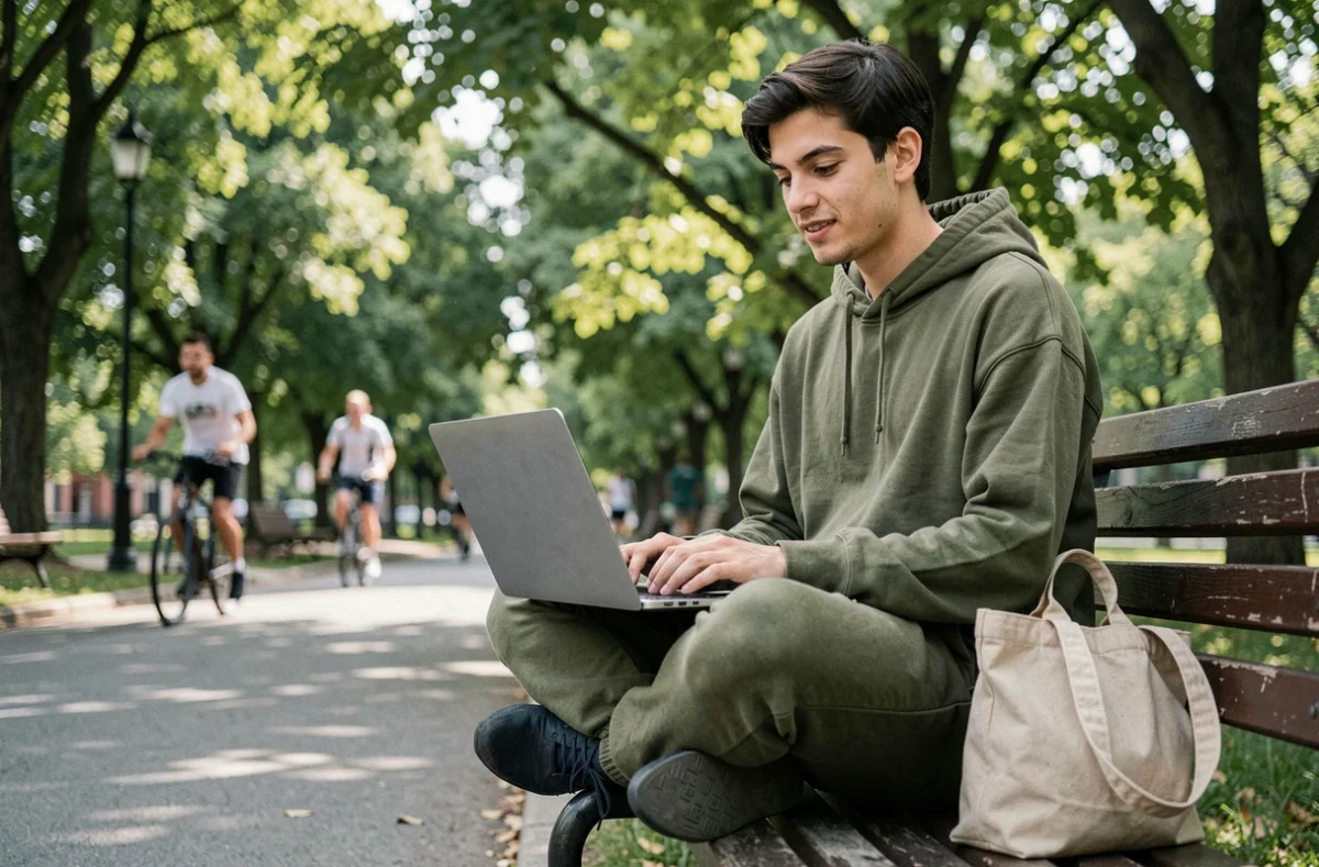 Jeune freelance travaillant en extérieur sur un banc de parc avec un ordinateur portable