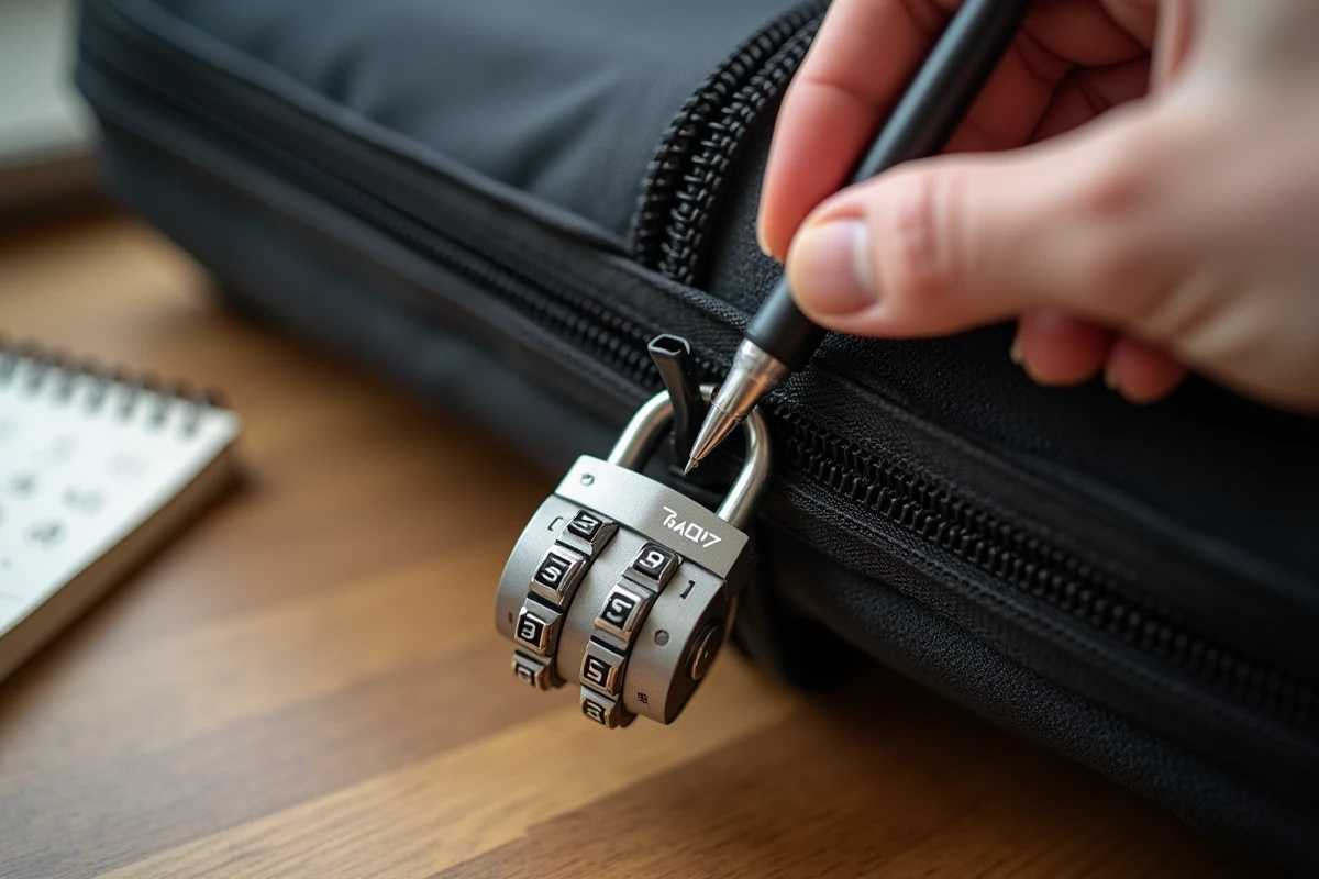 Gros plan sur un cadenas TSA007 sur une valise noire, une main faisant tourner les molettes numérotées pour retrouver le code