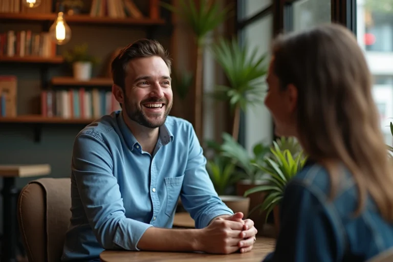 Homme souriant dans un café chaleureux avec une femme