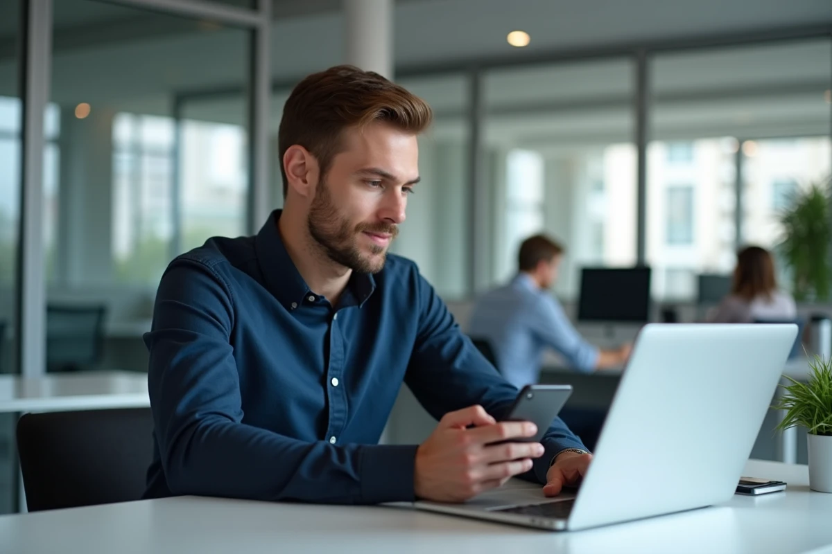 Homme contactant le support Uber Eats par téléphone depuis son bureau professionnel
