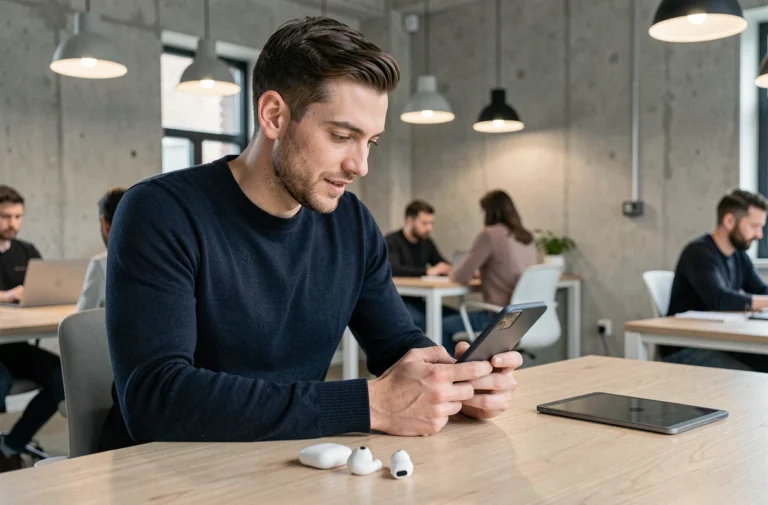 Homme testant un smartphone pliable dans un espace de travail moderne high-tech