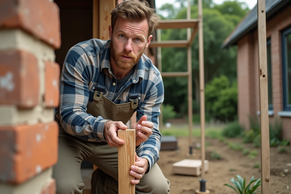 Ouvrier installant une fenêtre en bois écologique sur une maison