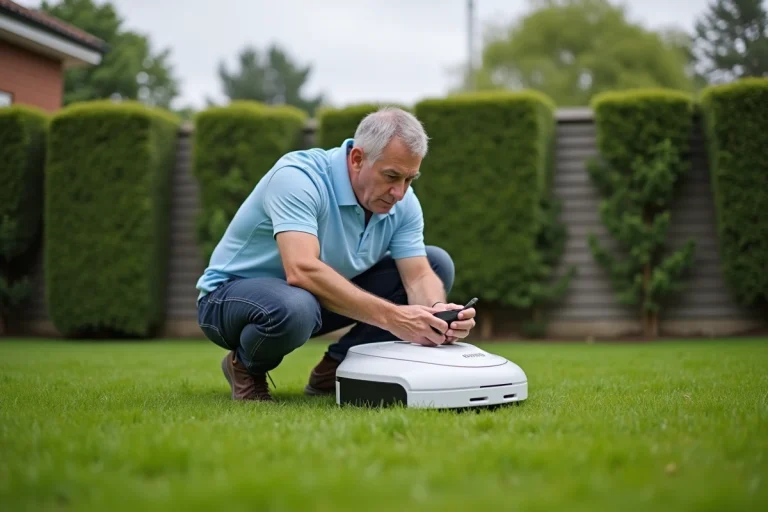 Homme installant un traceur GPS sous un robot tondeuse dans un jardin résidentiel pour le protéger contre le vol