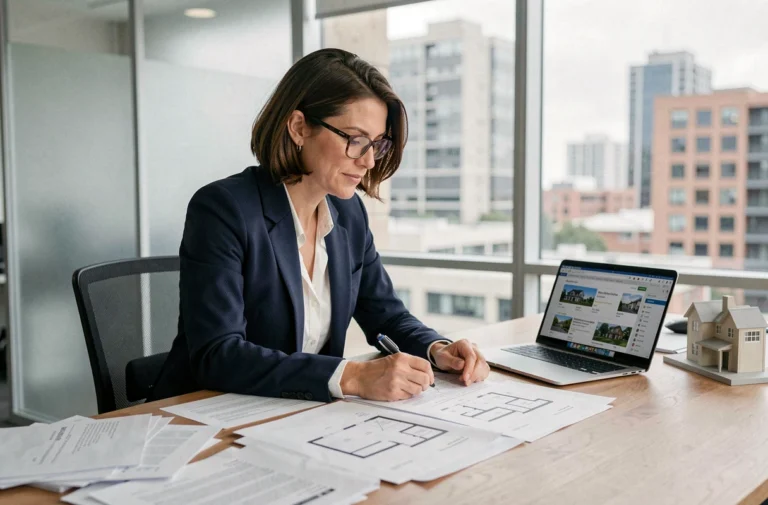 Femme investisseuse immobilière analysant des documents et plans de propriété sur un bureau moderne dans un bureau contemporain