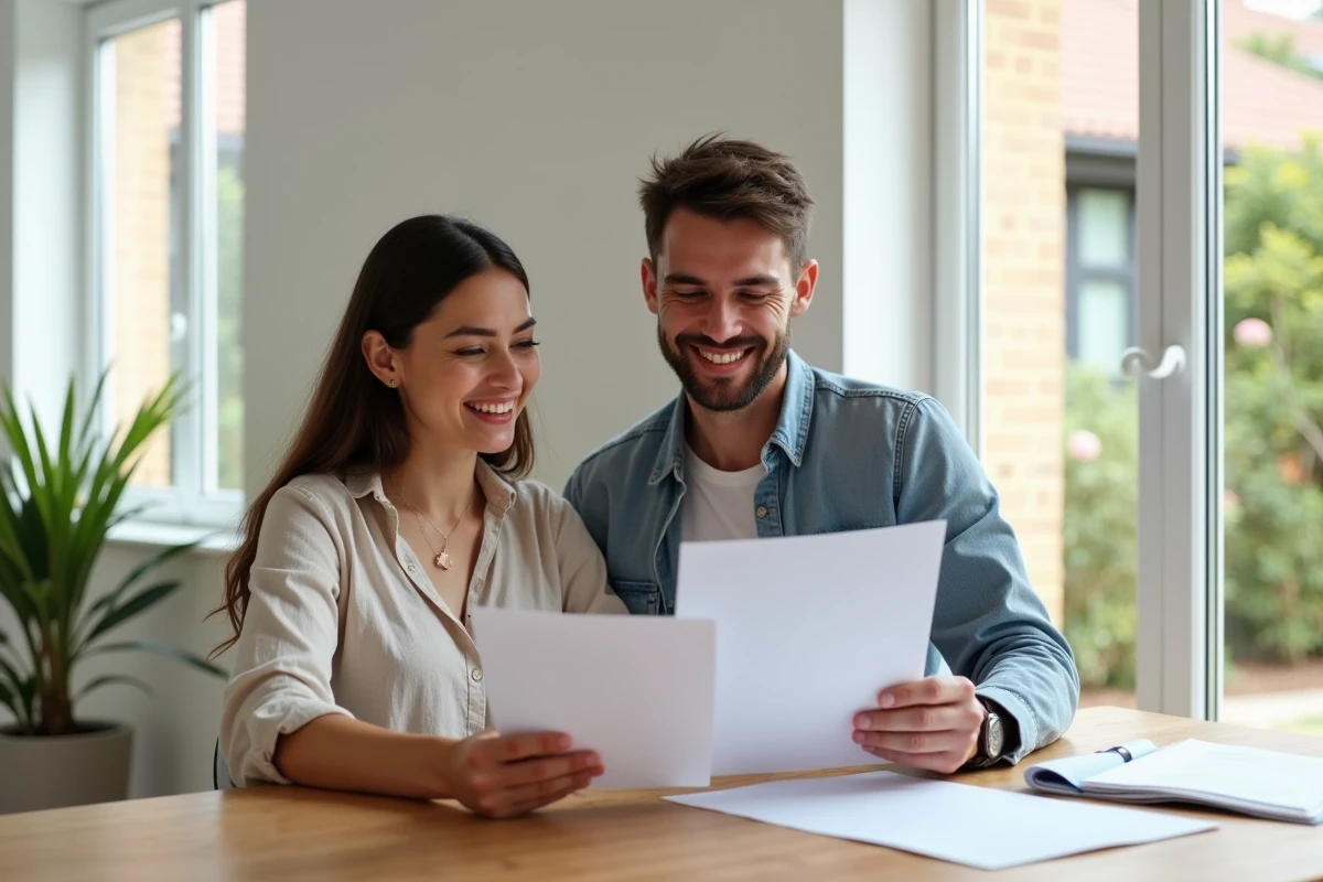 Jeune couple examine des documents dans un appartement lumineux