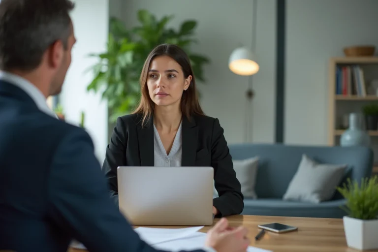 Jeune femme en blazer écoute un coach en entreprise
