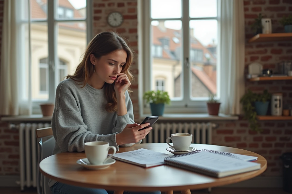 Jeune femme parisienne consultant son téléphone avec inquiétude face à une situation de voyeurisme numérique