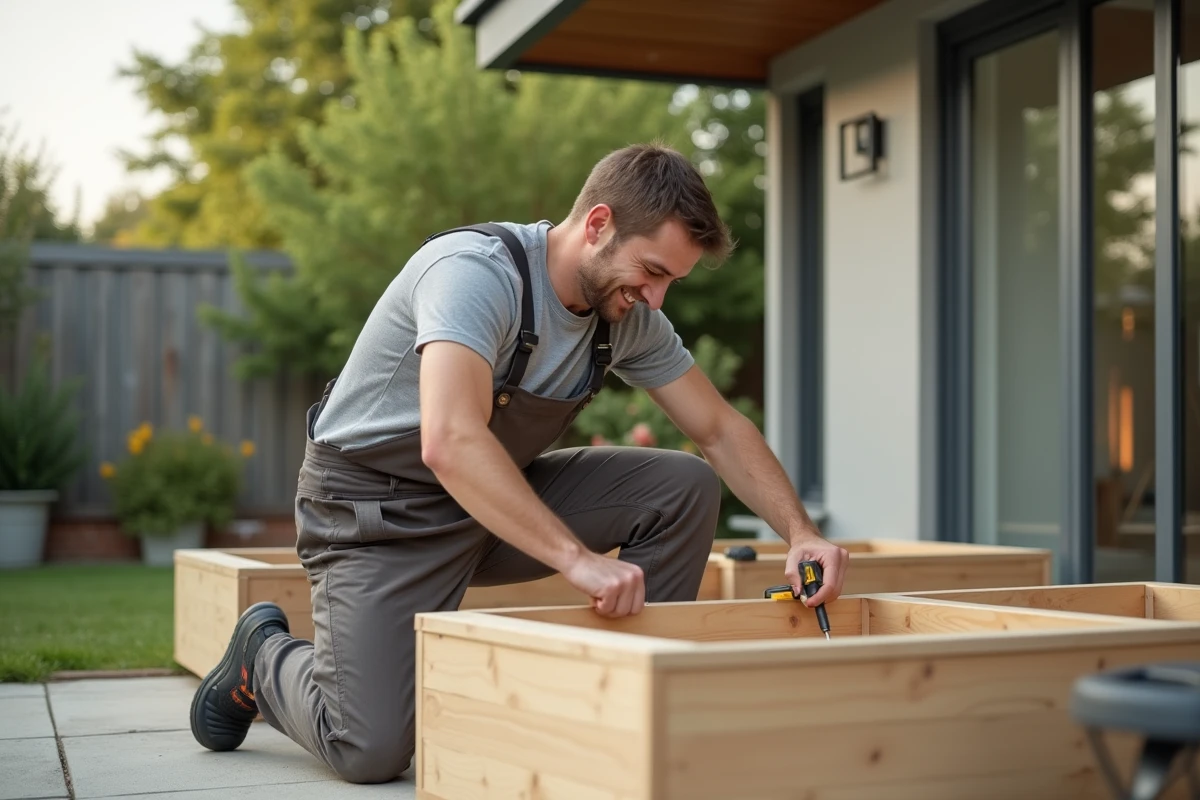 Jeune homme assemble un meuble en extérieur