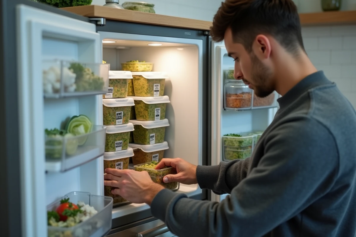 Jeune homme rangeant des contenants de tabbouleh dans le congélateur