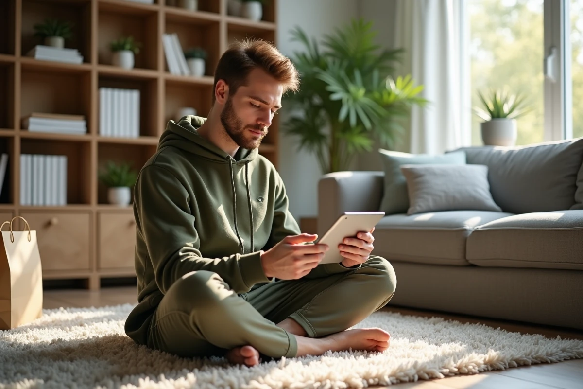 Jeune homme sur un tapis dans un salon lisant sur sa tablette