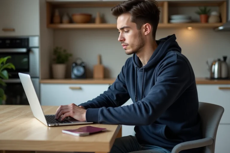 Jeune homme avec passeport et VPN sur ordinateur