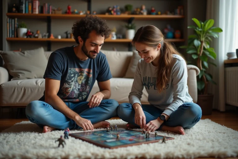 Deux jeunes adultes jouent à un jeu de société avec figurines pop culture