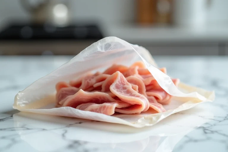 Paquet de lardons ouvert sur un plan de travail en marbre blanc, montrant la couleur et la texture de la viande pour vérifier sa fraîcheur