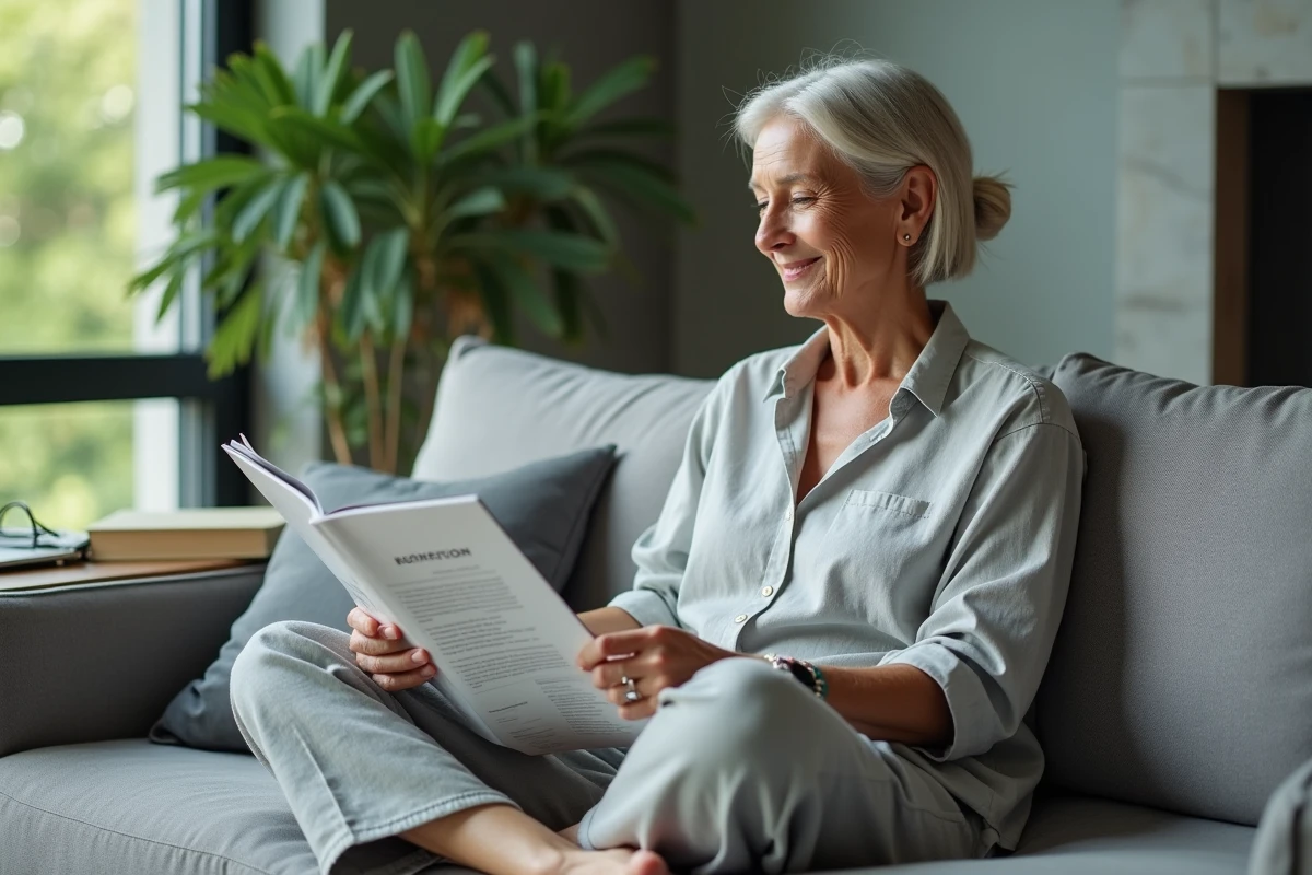 Maman entrepreneur lisant un magazine business sur son canapé dans un salon moderne et lumineux