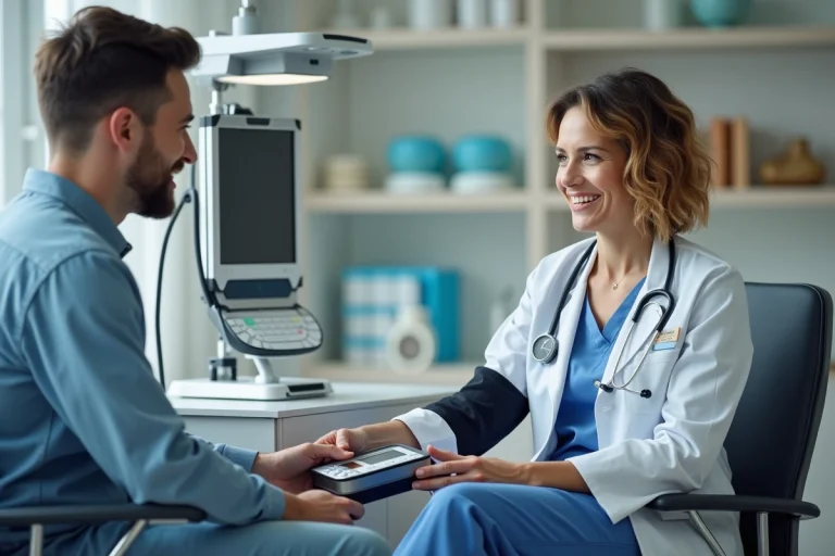 Médecin femme montrant un moniteur de pression à un patient
