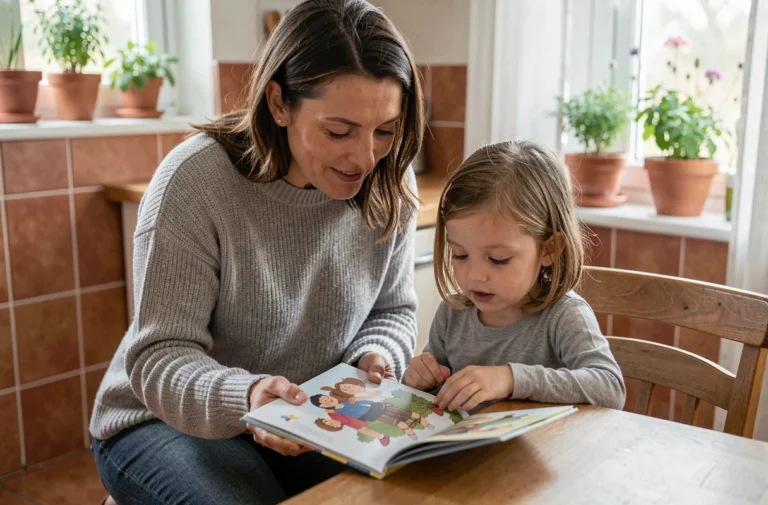 Mère et fille partageant un moment de lecture à la table de cuisine, conseils parentaux au quotidien