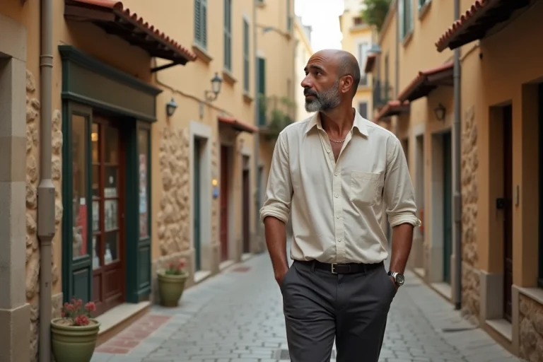 Homme d'origine maghrébine se promenant dans une rue typique d'un village corse, illustrant la présence musulmane en Corse