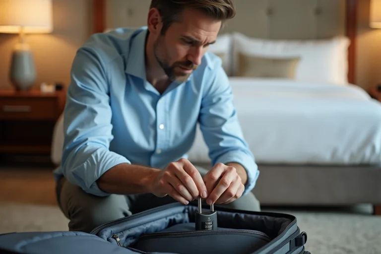 Homme agenouillé devant une valise fermée par un cadenas TSA dans une chambre d'hôtel, essayant de retrouver le code