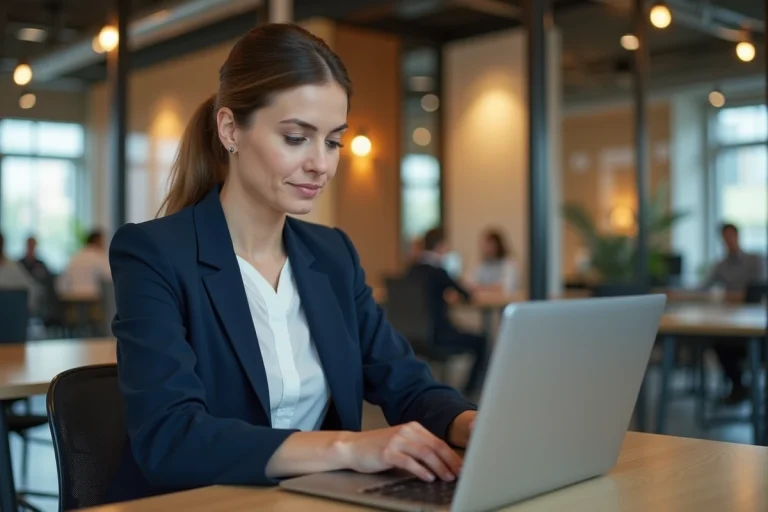 Femme professionnelle utilisant un laptop pour effectuer un paiement en ligne dans un bureau moderne