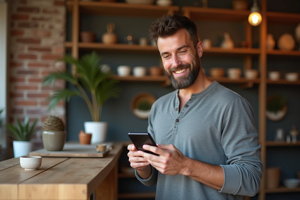 Propriétaire d'une petite boutique artisanale consultant une application de paiement mobile sur smartphone