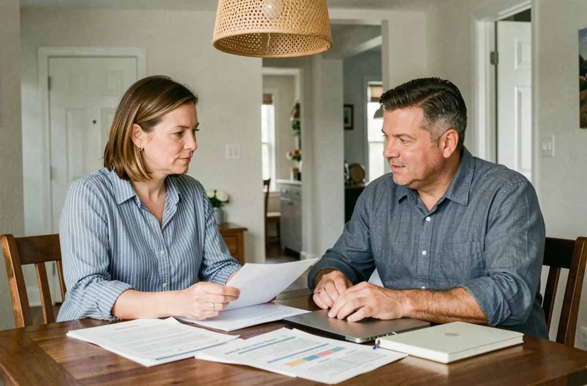Couple de parents consultant des ressources et conseils parentaux ensemble à la table familiale