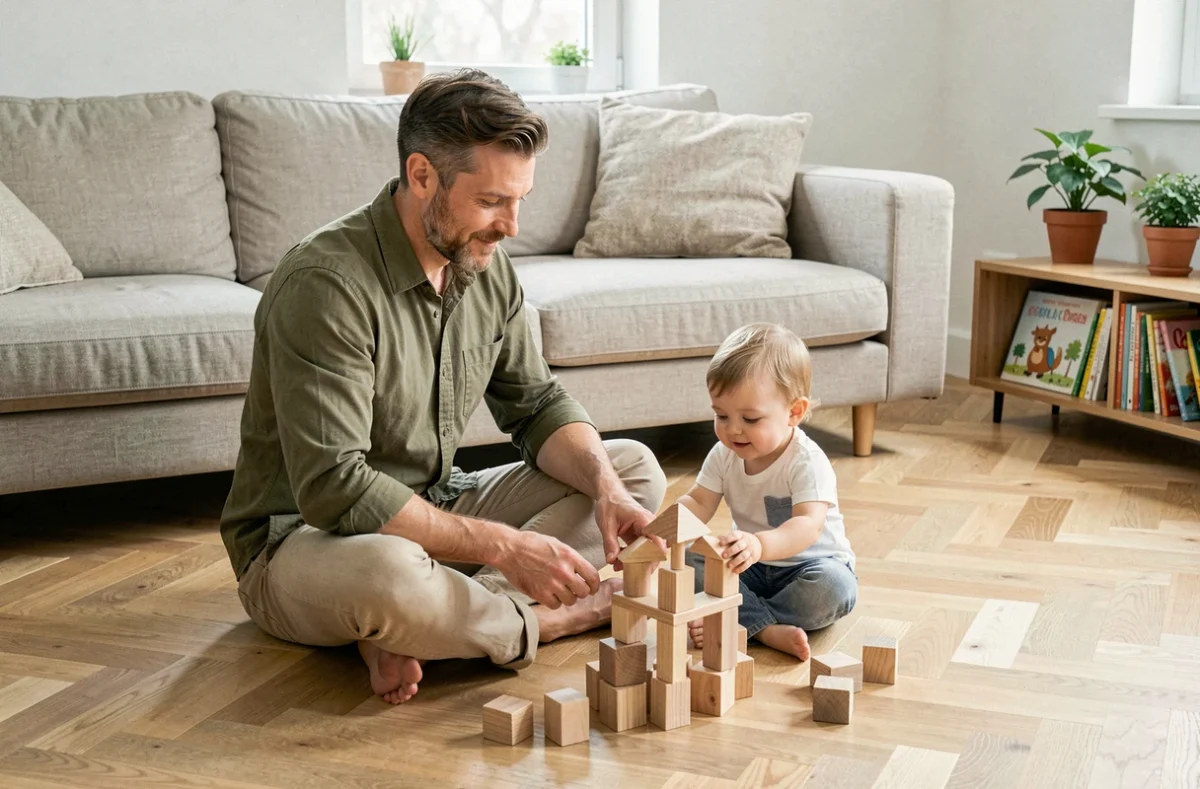 Père jouant avec son tout-petit sur le sol du salon, accompagnement parental bienveillant au quotidien