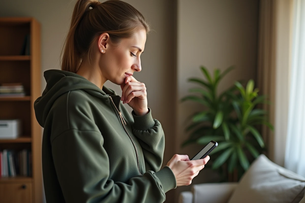 Personne utilisant le chat du service client Uber Eats sur smartphone dans un salon