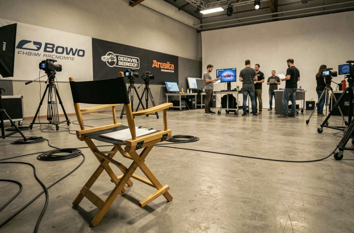 Coulisses d'un plateau de tournage d'émission automobile avec équipe de production et chaise de réalisateur