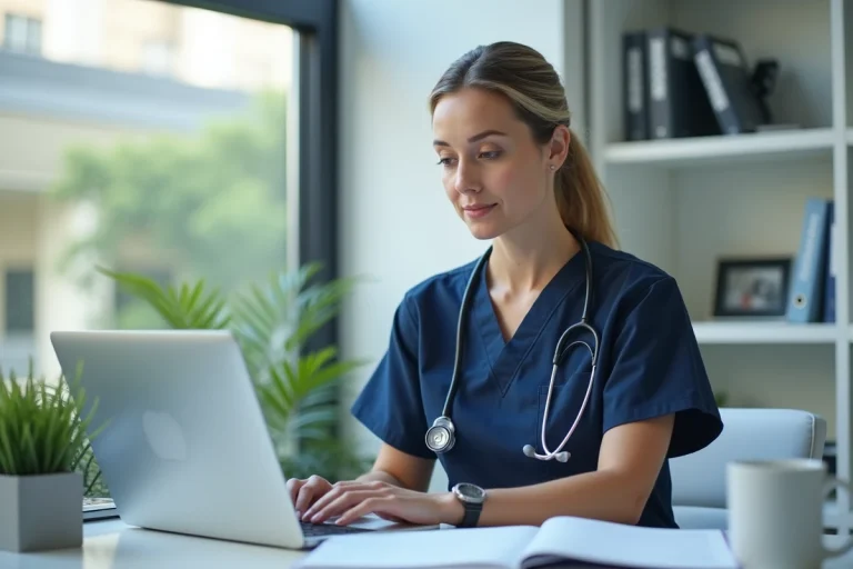 Professionnelle de santé consultant des ressources médicales sur ordinateur portable dans une salle de pause hospitalière