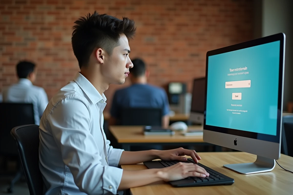Jeune professionnel réinitialisant son mot de passe Book and Pay dans un espace de coworking