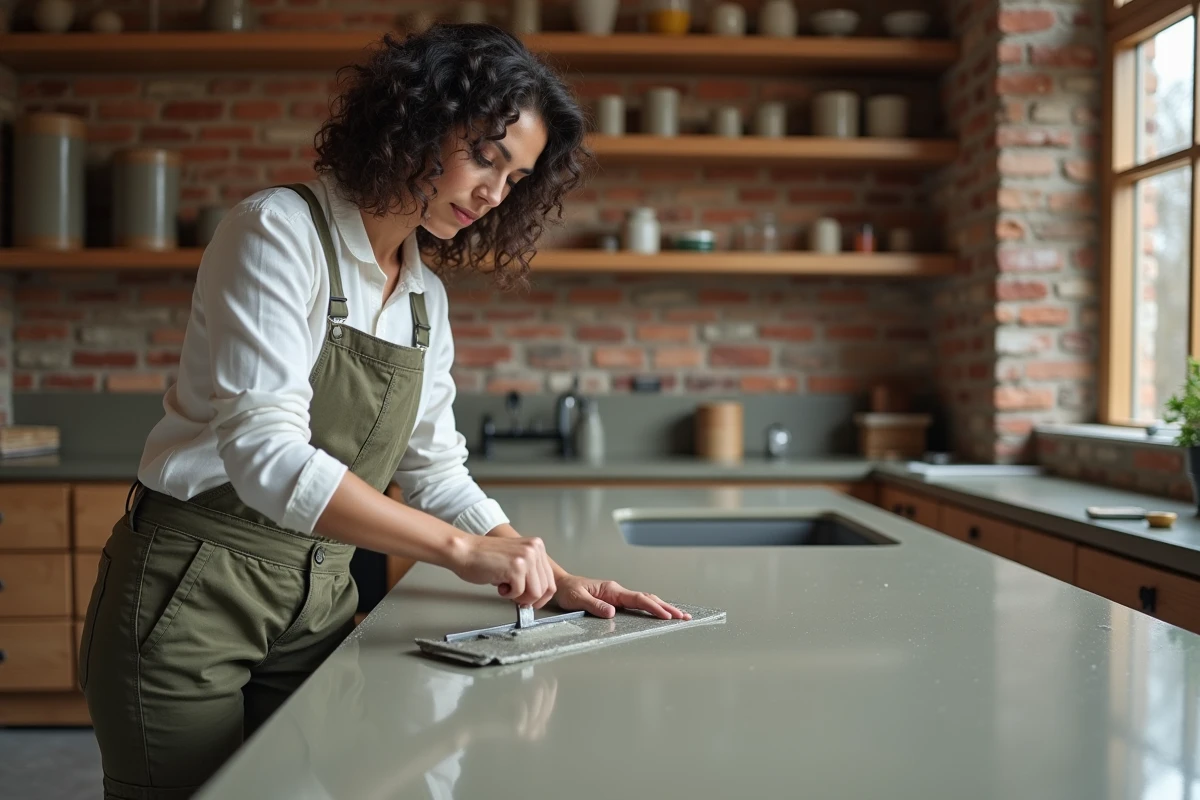 Femme appliquant du béton ciré sur un plan de travail de cuisine lors d'une rénovation DIY, innovation bricolage 2024