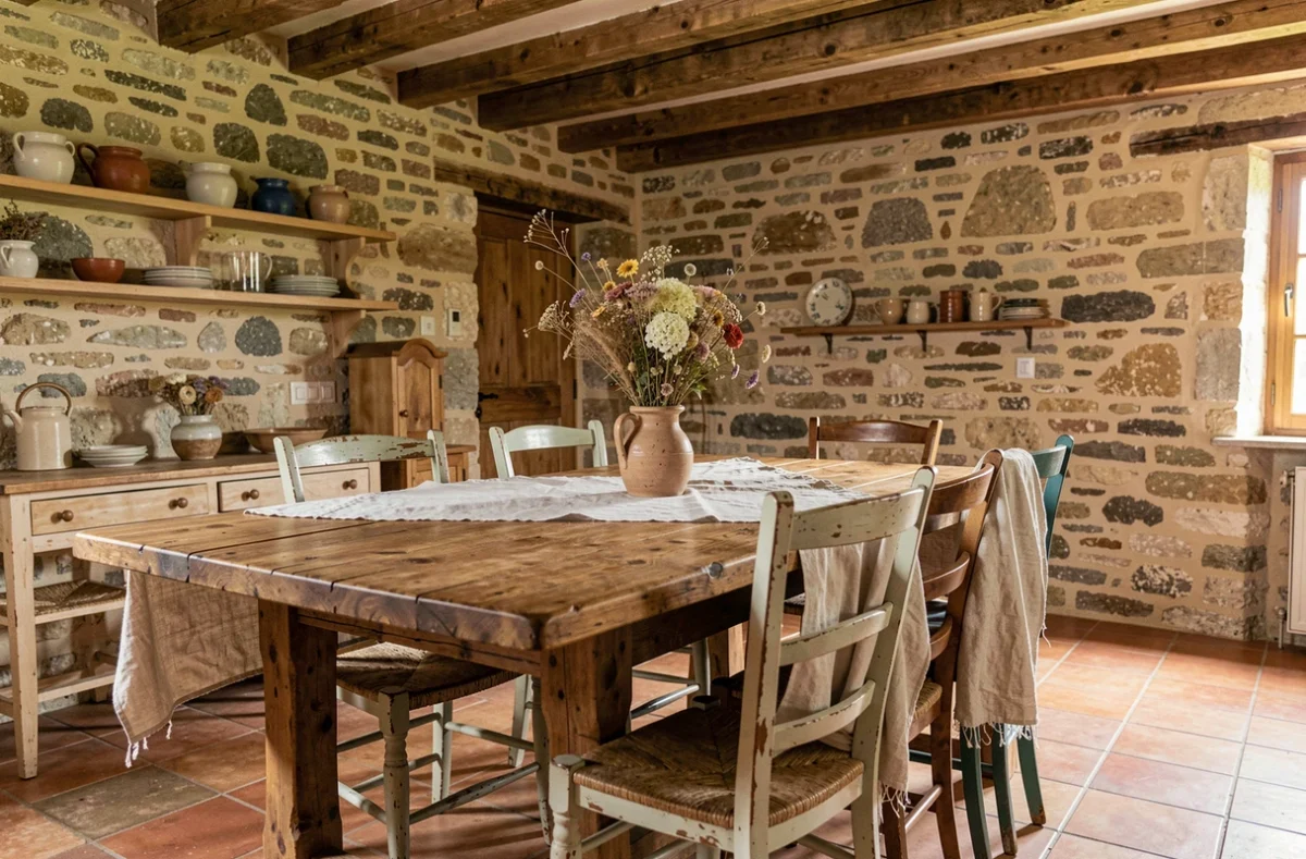 Salle à manger champêtre avec table en chêne massif, chaises vintage et murs en pierre apparente dans une ferme française