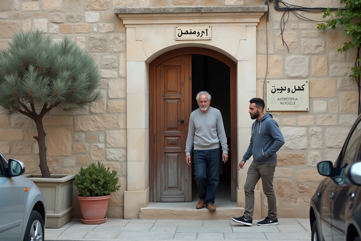 Entrée d'une salle de prière musulmane à Bastia en Corse avec deux fidèles sortant, illustrant l'islam discret et intégré de l'île