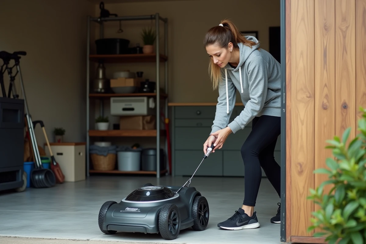 Femme sécurisant un robot tondeuse avec un câble antivol dans un garage résidentiel moderne