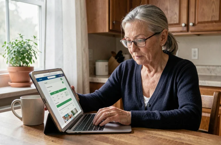 Senior femme utilisant une tablette numérique pour accéder à des services en ligne depuis sa cuisine