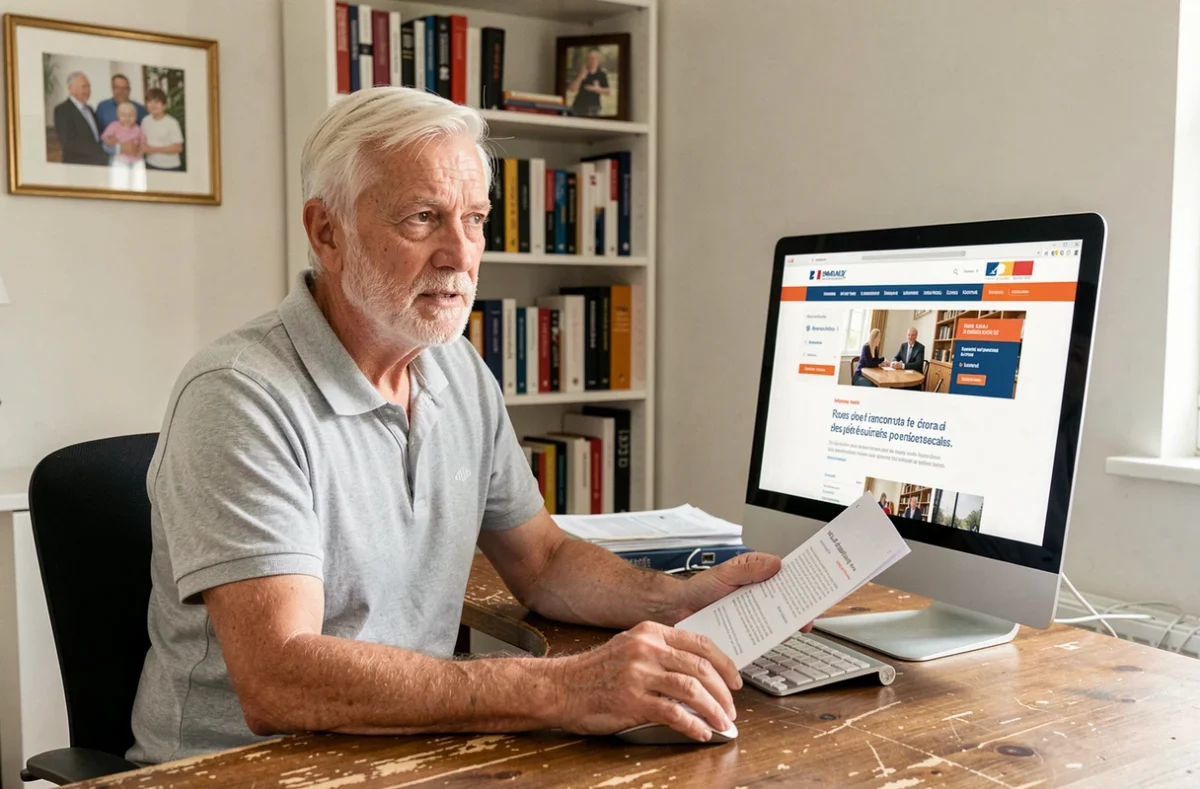 Senior homme consultant des services administratifs en ligne sur un ordinateur de bureau à domicile