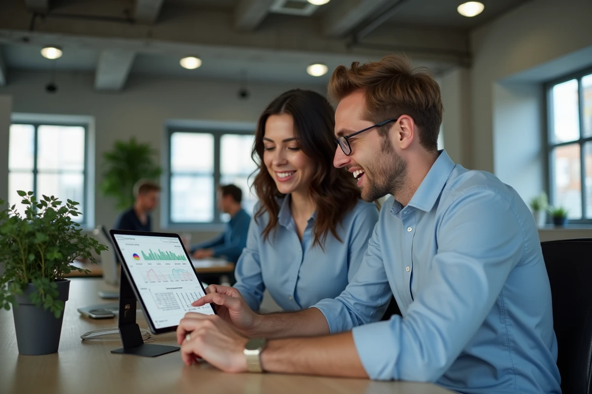 Deux collègues analysant ensemble un tableau de bord de solution de paiement en ligne sur une tablette dans un espace coworking