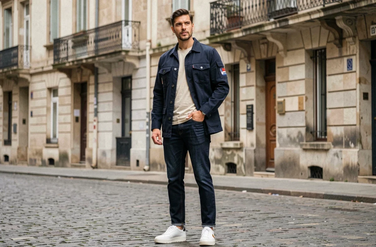 Homme en veste utilitaire marine et sneakers blanches dans une rue pavée européenne au style urbain