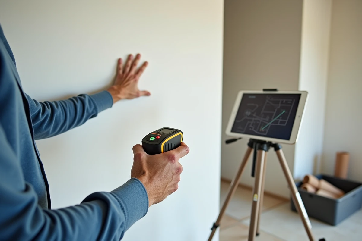 Bricoleur utilisant un télémètre laser connecté et une tablette numérique pour mesurer une pièce en rénovation, innovation high-tech bricolage 2024