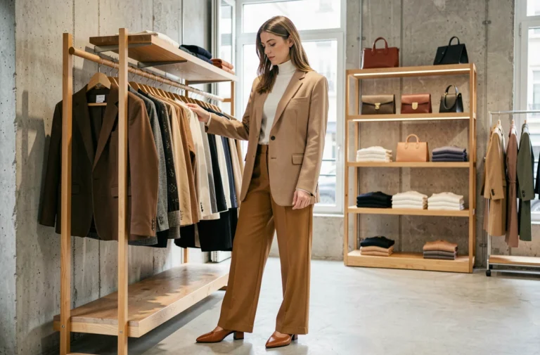Femme élégante en blazer oversize beige parcourant les rayons d'un concept store parisien tendance