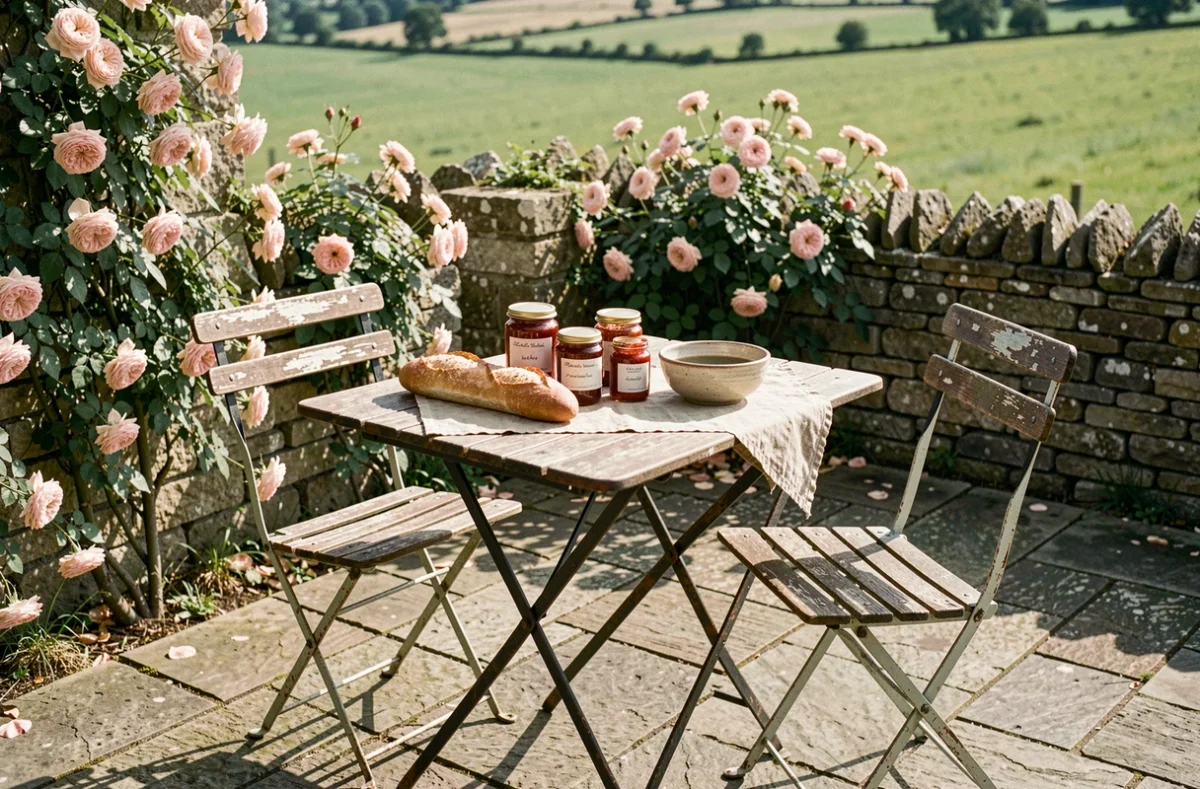 Terrasse campagnarde en pierre avec table en fer forgé et chaises en bois patinées dressées pour un petit-déjeuner champêtre