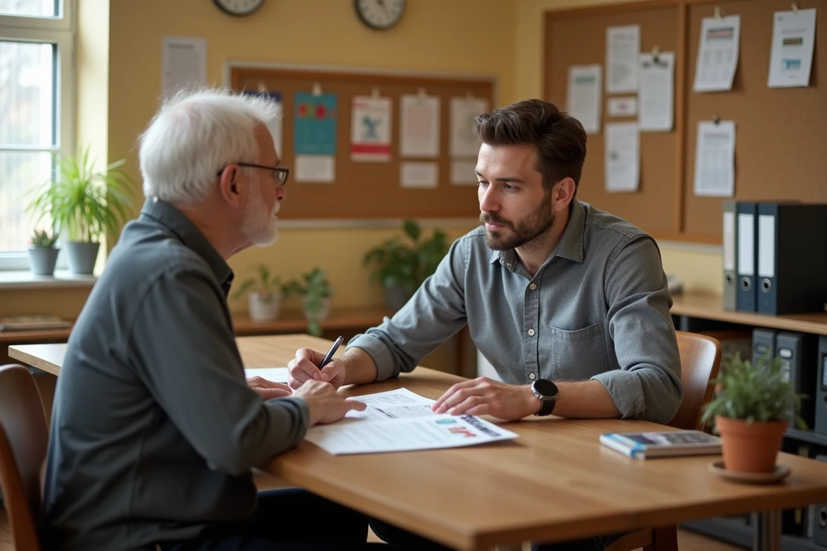 Travailleur social présentant des ressources professionnelles à un usager dans un bureau de centre communautaire