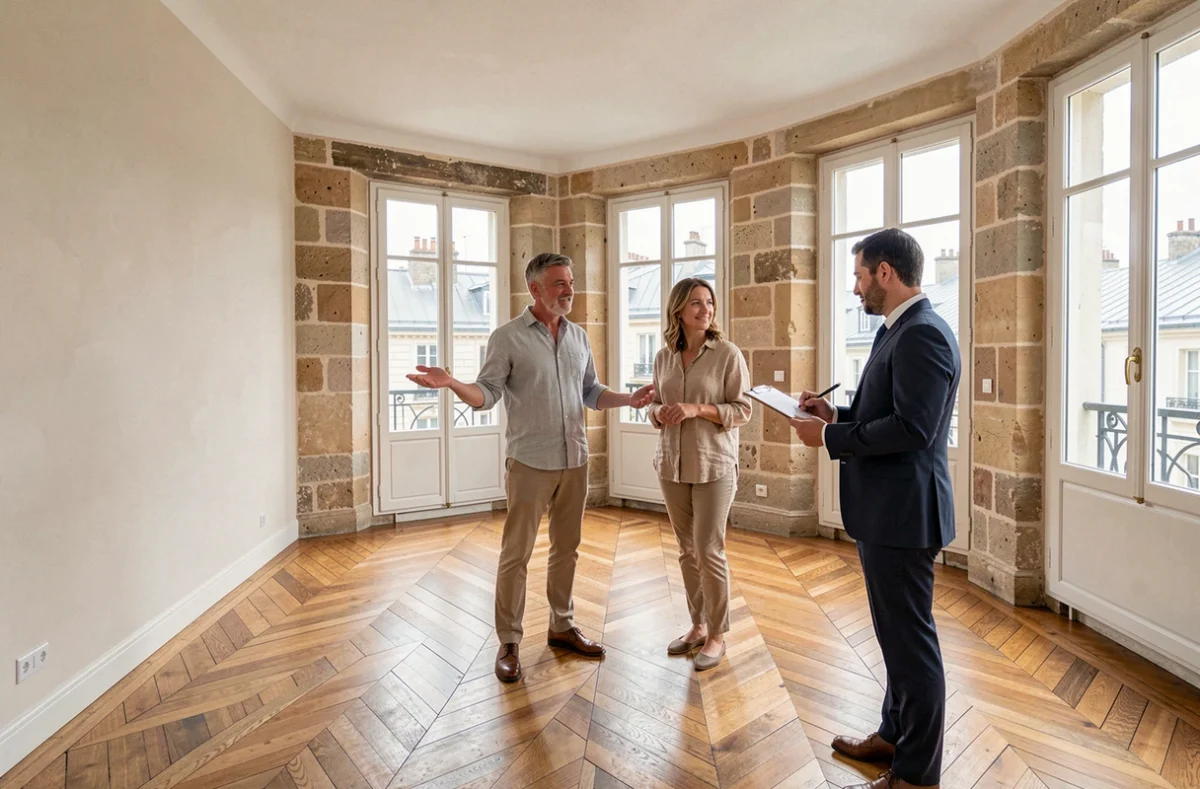 Couple visitant un appartement vide avec un agent immobilier dans un immeuble haussmannien parisien