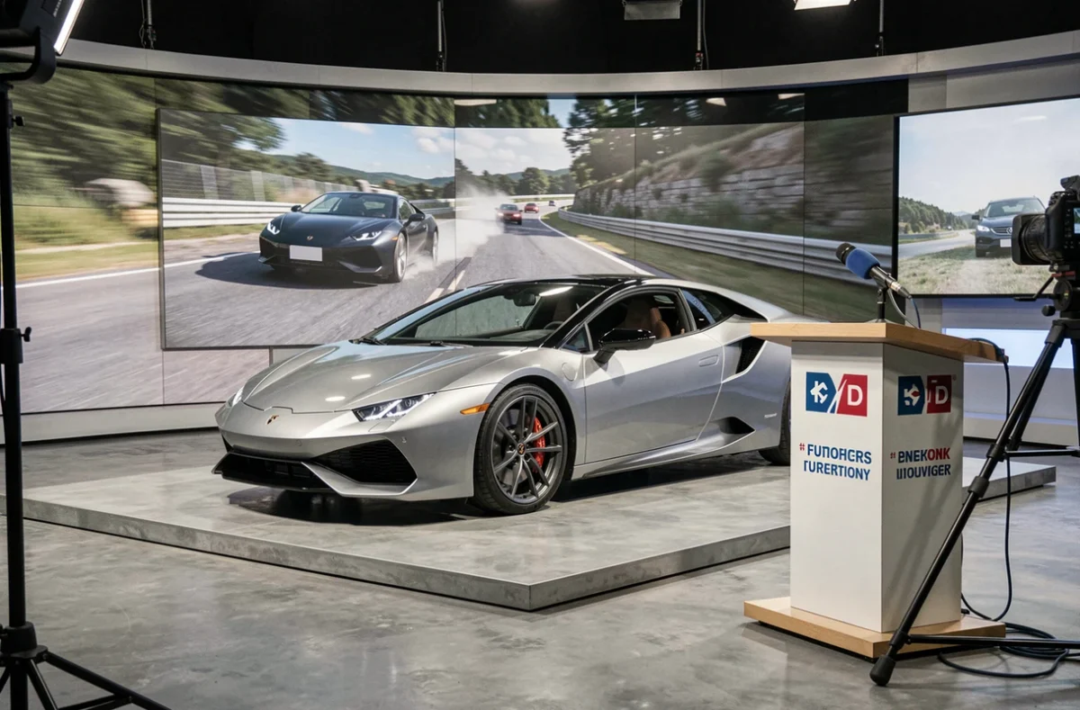 Voiture de sport exposée sur plateau TV d'émission automobile avec podium de présentation et écran vidéo